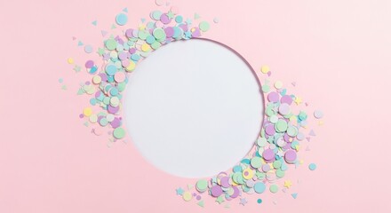 A minimalistic pastel background with a large circular cutout at the center, surrounded by scattered colorful confetti. Flat lay design, soft pink backdrop, modern playful composition, high resolution