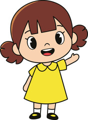 Happy cartoon girl in yellow dress waving hand, cute child character for educational, playful, preschool, kindergarten, and kids content