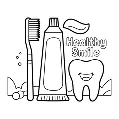 Healthy Smile Coloring Page – Toothbrush, Toothpaste & Cute Tooth for Kids and Adults. Easy, Simple and Cute Hand-Drawn, Bold Black Line, Coloring Book Page.