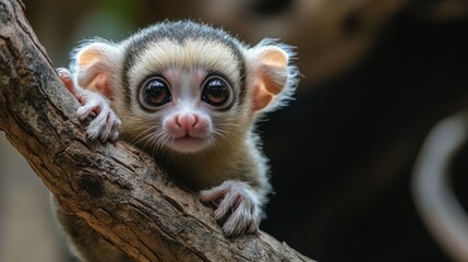 Obraz premium Adorable Young Monkey with Big Eyes Sitting on a Tree Branch