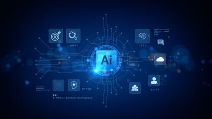 Fototapeta premium Artificial General Intelligence (AGI) Technology Interface with AI Symbol and Data Network Connection on Blue Futuristic Background. 3d Rendering