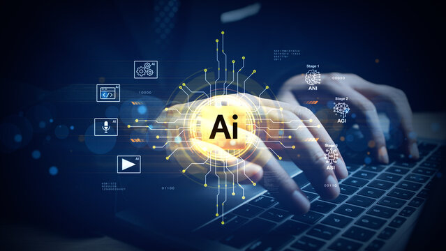 Artificial Intelligence Development Concept with ANI, AGI, ASI Stages and Human Hands Typing on Laptop Keyboard in Futuristic Interface. 3d Rendering
