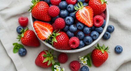 Obraz premium Fresh Berry Medley - Strawberries, Blueberries, and Raspberries in a Bowl.