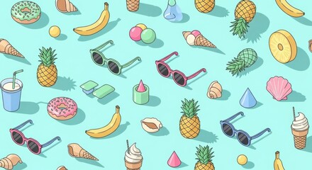 seamless pastel pattern of mini summer objects (pineapple, bananas, donuts, , ice cream, sunglasses, seashells) scattered across a soft cyan background. Playful aesthetic, isometric flat lay, vibrant 