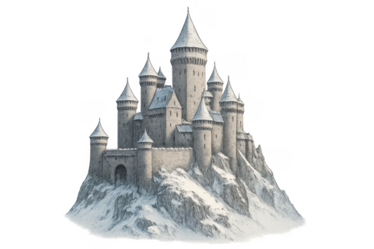 Winter castle on snowy mountain creating fantasy stronghold