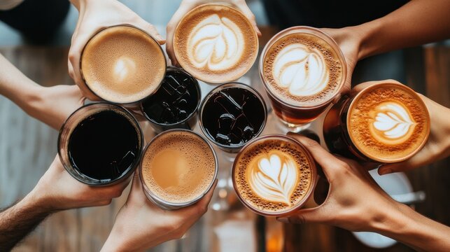 Cheerful Group of Friends Raising Coffee Glasses in Celebration