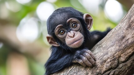 Fototapeta premium Adorable Baby Monkey Resting on Branch in Lush Green Forest