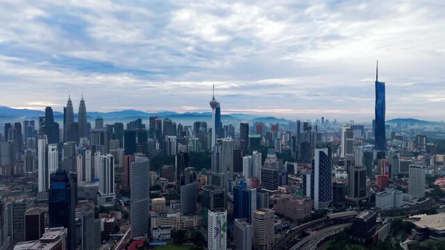 Kuala Lumpur skyline sunrise aerial drone view, Malaysia