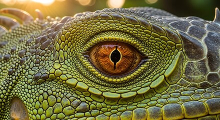 Fototapeta premium Extreme Close-Up of a Green Iguana's Eye and Scaly Skin in Golden Hour Sunlight