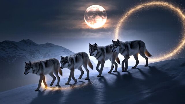 Four wolves walk in a line under a large full moon in a snowy landscape wolf pack