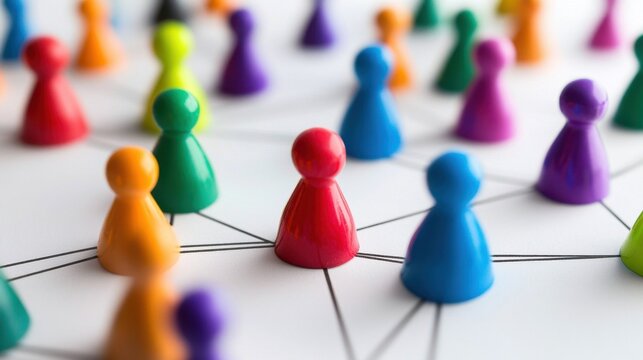 Colorful Game Pieces Connected by Thin Lines on a Board