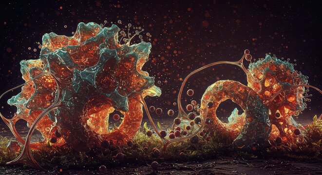 Abstract visualization of cellular structures and biological processes in vibrant colors.