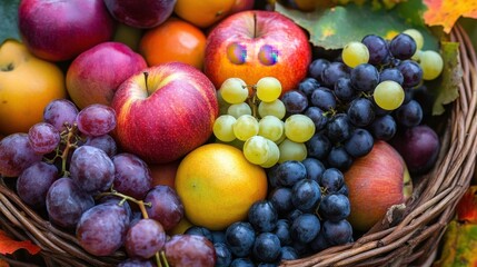 Fresh Harvest Basket with Colorful Fruits and Autumn Leaves Display