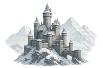 Fantasy medieval castle on snowy mountain with transparent background