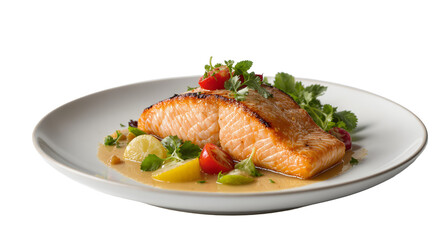 Roasted Salmon with Citrus Garnish on White Plate