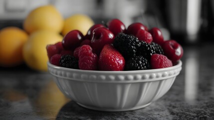 Close up of a vibrant bowl filled with fresh mixed berries and cherries with lemons blurred in the background