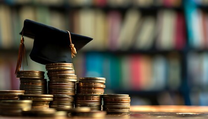 Mortarboard sits atop stacks of coins, symbolizing the cost of education and investment in learning.