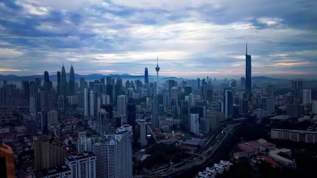Kuala Lumpur skyline sunrise aerial drone view, Malaysia