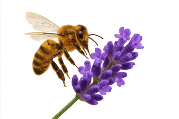 Honey bee approaching a lavender flower, pollinating and collecting nectar, isolated on transparent background