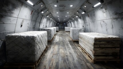 Fototapeta premium Interior of cargo plane with wrapped pallets emphasizing air freight logistics