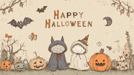 A charming hand-drawn Halloween invitation and greeting card set illustrated in a playful vector style.