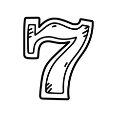 Black and White Hand Drawn Lucky Number Seven with Transparent Background for Gambling Themed Design Elements