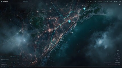 Digital overlay showing a glowing blue route through a dark cityscape with tracking markers and logistics data