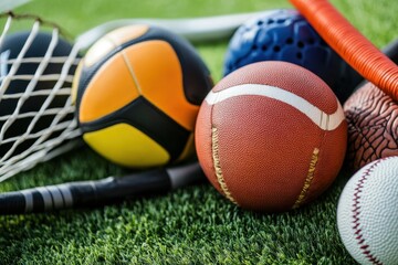 Collection of Various Sport Balls on Green Grass Background