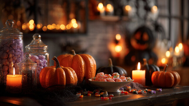 A cozy Halloween setup with glowing pumpkins, candies, and candles arranged on a table in a darkened living room. 