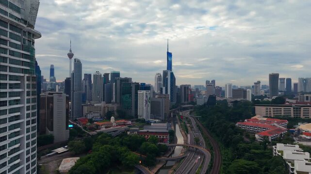 Kuala Lumpur skyline sunrise aerial drone view, Malaysia