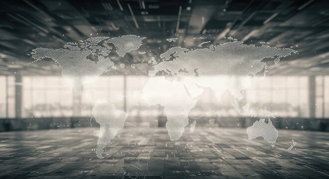 A futuristic digital world map overlayed on a modern, blurred interior space with a sense of global connectivity.