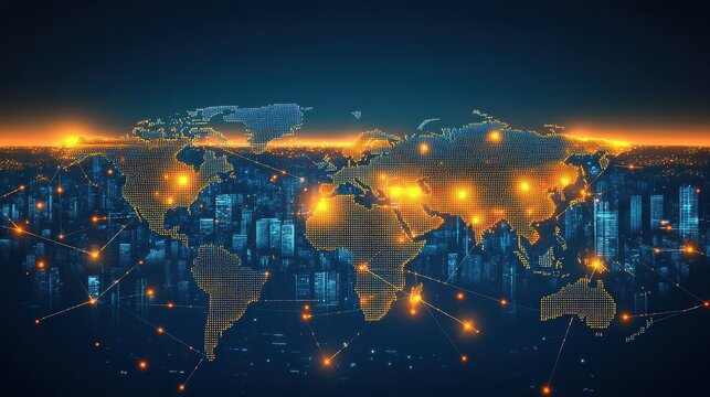 Global Digital Network Over Cityscape