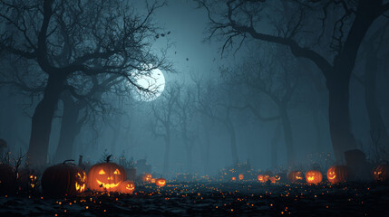 A dark and eerie Halloween night scene illuminated by glowing pumpkins in a moody vector design