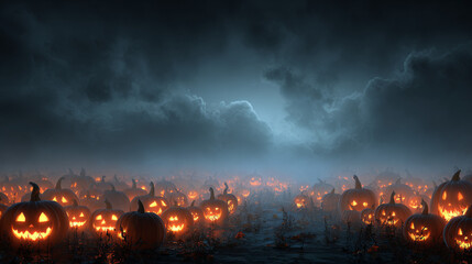 A dark and eerie Halloween night scene illuminated by glowing pumpkins in a moody vector design