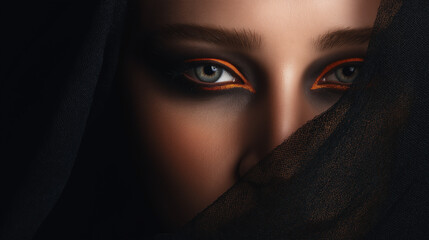 Naklejka premium Spooky Glam Makeup Background. Dark smoky eyes with glowing orange eyeliner, Halloween, mystical, poster-style, empty space for text 