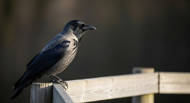 Hooded Crow Perched on Wooden Fence in Soft Natural Light, Side View