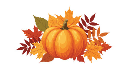Naklejka premium Autumn harvest pumpkin surrounded by colorful fall leaves and foliage.