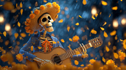 A festive Day of the Dead banner with a cheerful 3D skeleton playing guitar at night as marigold petals fall around. 
