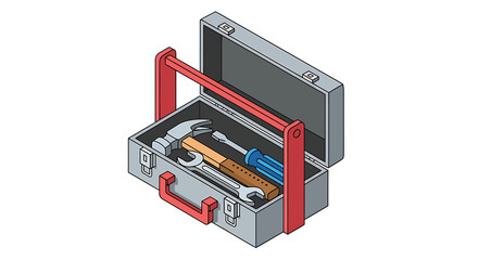 Obraz premium Isometric illustration of an open grey toolbox with red handles, containing a hammer, screwdriver, and wrench, ready for repairs.