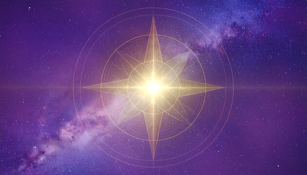 Radiant Star Compass Overlayed on Purple Galaxy Background