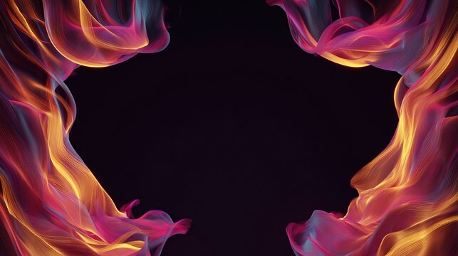 A dark canvas frame, defined by abstract, flowing forms of vibrant pink, orange, and yellow light