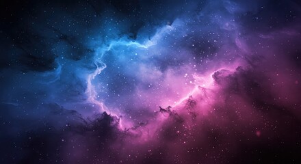 Naklejka premium A vibrant nebula in deep space, glowing with hues of blue and pink, resembling a cosmic heart.