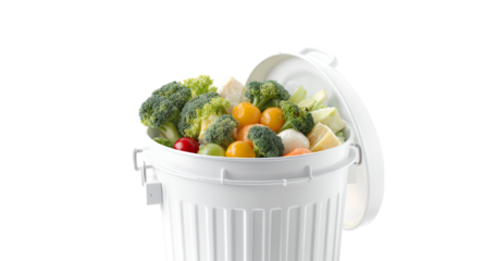 Trash Bin Filled with Vegetables on White Background