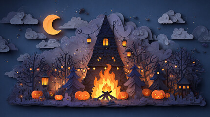 A Halloween greeting card illustration with a festive bonfire, charming decorations, and paper-cut art style for a playful seasonal celebration. 