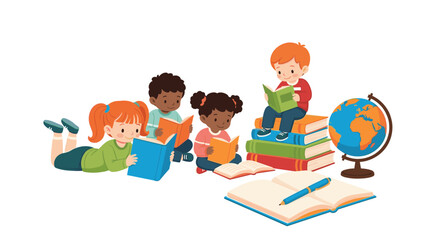 Diverse group of children engaged in reading and learning with a globe nearby.