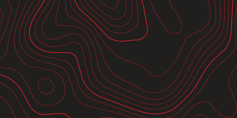 Ultra wide panoramic topographic contour line map red black background terrain path mapping abstract cartography vector artwork

