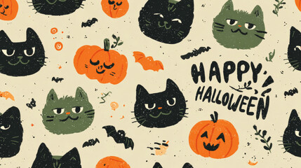 A Halloween sticker and badge set featuring grumpy black cats, cute pumpkins, and playful lettering in a kawaii style
