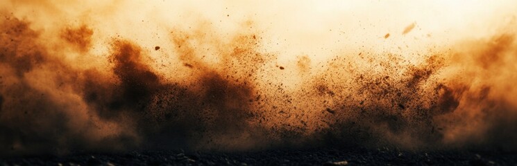 Obraz premium Dusty Explosion Clouds in Orange Sunrise Sky Over Earthy Ground