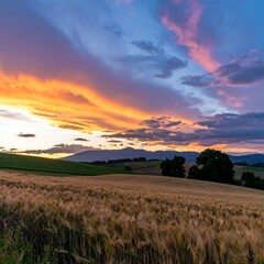 Obraz premium Serene Agricultural Landscape at Golden Hour Dramatic Sky