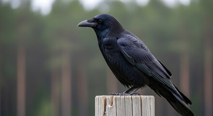 Detailed close-up of a black raven perched on a wooden post in a natural forest setting